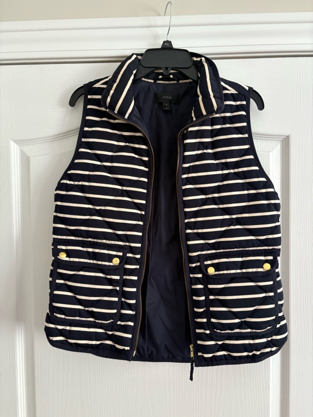 J. Crew Navy and White Striped Quilted Vest with Gold-Tone Zipper